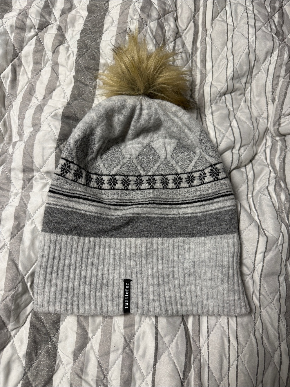 Women's Gray Fair Isle Knit Pom Beanie